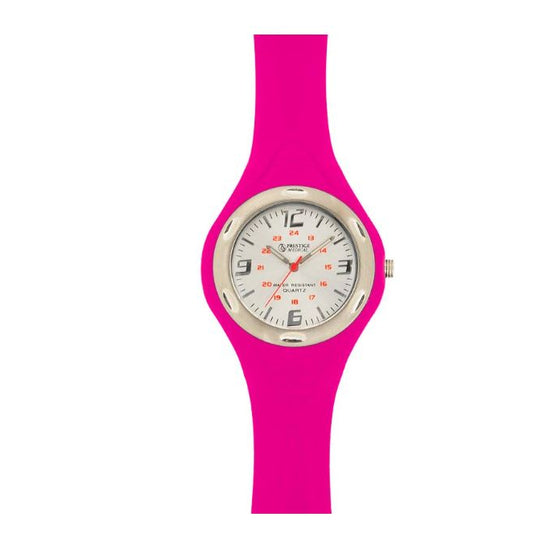 A Swatch wristwatch featuring a bright hot pink silicone strap and a silver-tone case with a white dial.
