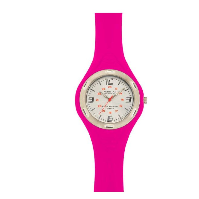 A Swatch wristwatch featuring a bright hot pink silicone strap and a silver-tone case with a white dial.