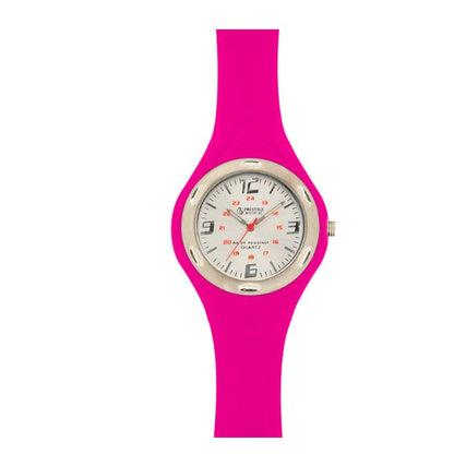 A Swatch wristwatch featuring a bright hot pink silicone strap and a silver-tone case with a white dial.