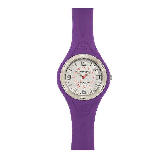 A Swatch wristwatch with a vibrant purple silicone strap and a silver-tone case housing a white dial with orange accents.