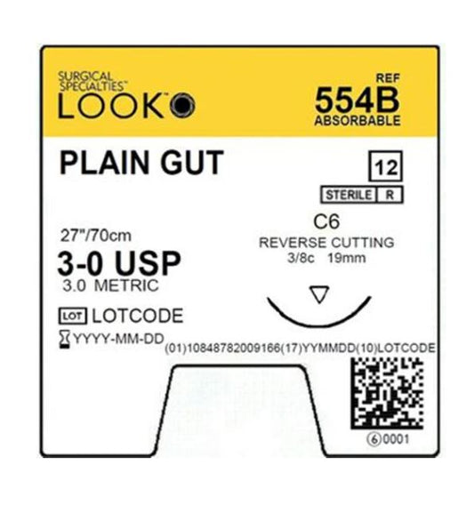 Look Sutures Plain Gut, 3-0, 27" Length, C6 Needle 12/Box
