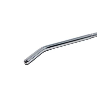 A close-up of a curved metallic tube, likely a stainless steel straw or tube accessory, on a plain white background.