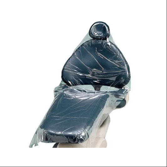 A dark blue dental exam chair covered with a clear plastic protective wrap, isolated on a white background.