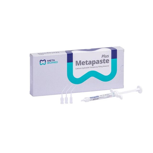 Box of MetaPaste Plus temporary filling material with two syringes and three applicator tips on a plain white background.