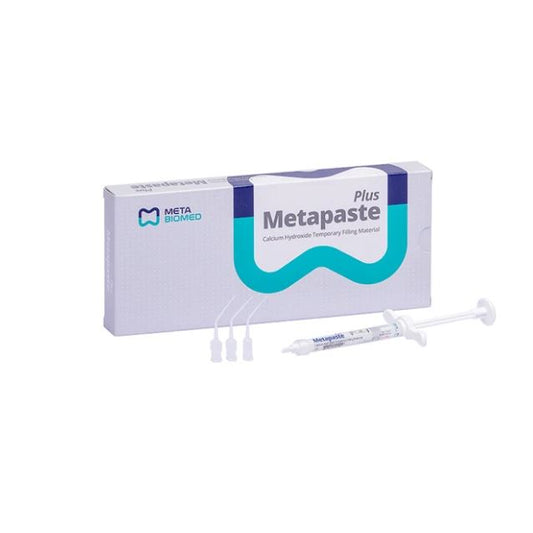 Box of MetaPaste Plus temporary filling material with two syringes and three applicator tips on a plain white background.