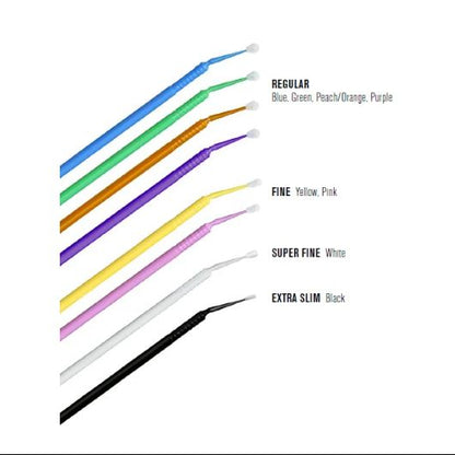 A color and size chart for eyebrow microblading or tattoo needles, showing six different needle types lined up diagonally from largest to smallest on a white background, with text labels for each type.