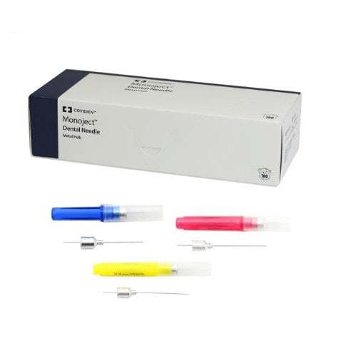 Box of dental needles with colorful needles displayed in front on a white background