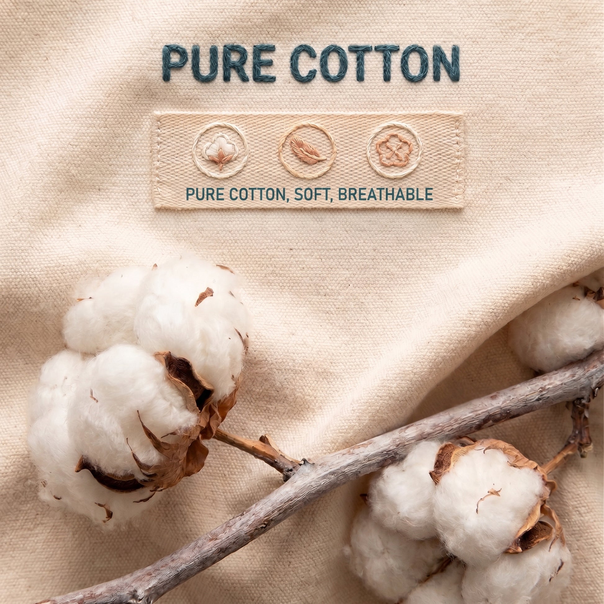 A close-up of a beige fabric label reading “PURE COTTON” with three circular icons and the text “PURE COTTON, SOFT, BREATHABLE,” styled with cotton bolls on a branch over the same fabric.