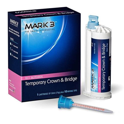 Marks 3 Temporary Crown & Bridge kit, including a blue and pink retail box, a dual-cartridge adhesive tube, and a small blue-capped syringe on a white background.